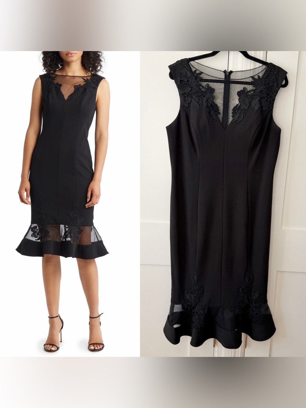 Aidan Mattox Floral Lace Trim Mesh Cocktail Dress Black Sz 14